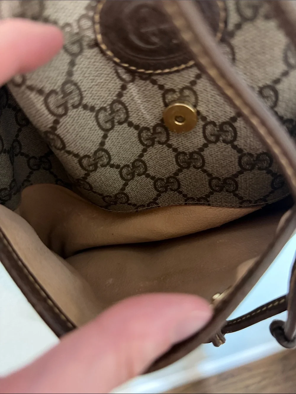 Authentic  GUCCI Brown & Cream GG Supreme Monogram Drawstring Shoulder Bag Purse - Picture 9 of 13
